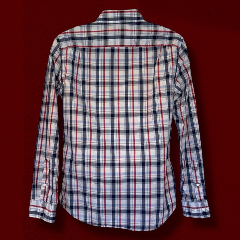 Fairlane & Sons Slim Fit Plaid Button-Down Shirt M Navy Red Wrinkle Free - Picture 4 of 12